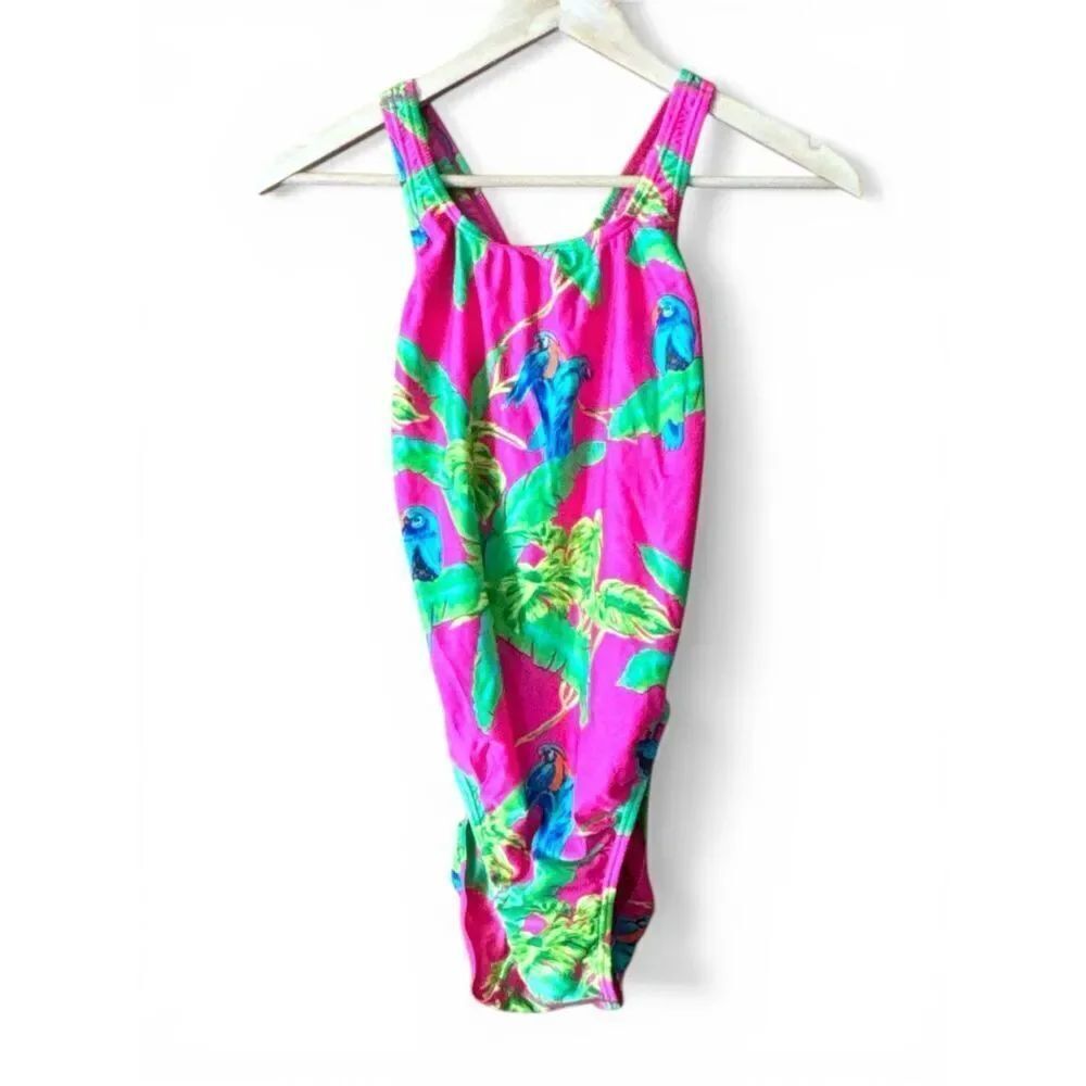 SPEEDO Vintage 80s 90s Neon Pink Tropical Parrot Print Cutout Back Swimsuit *NWO